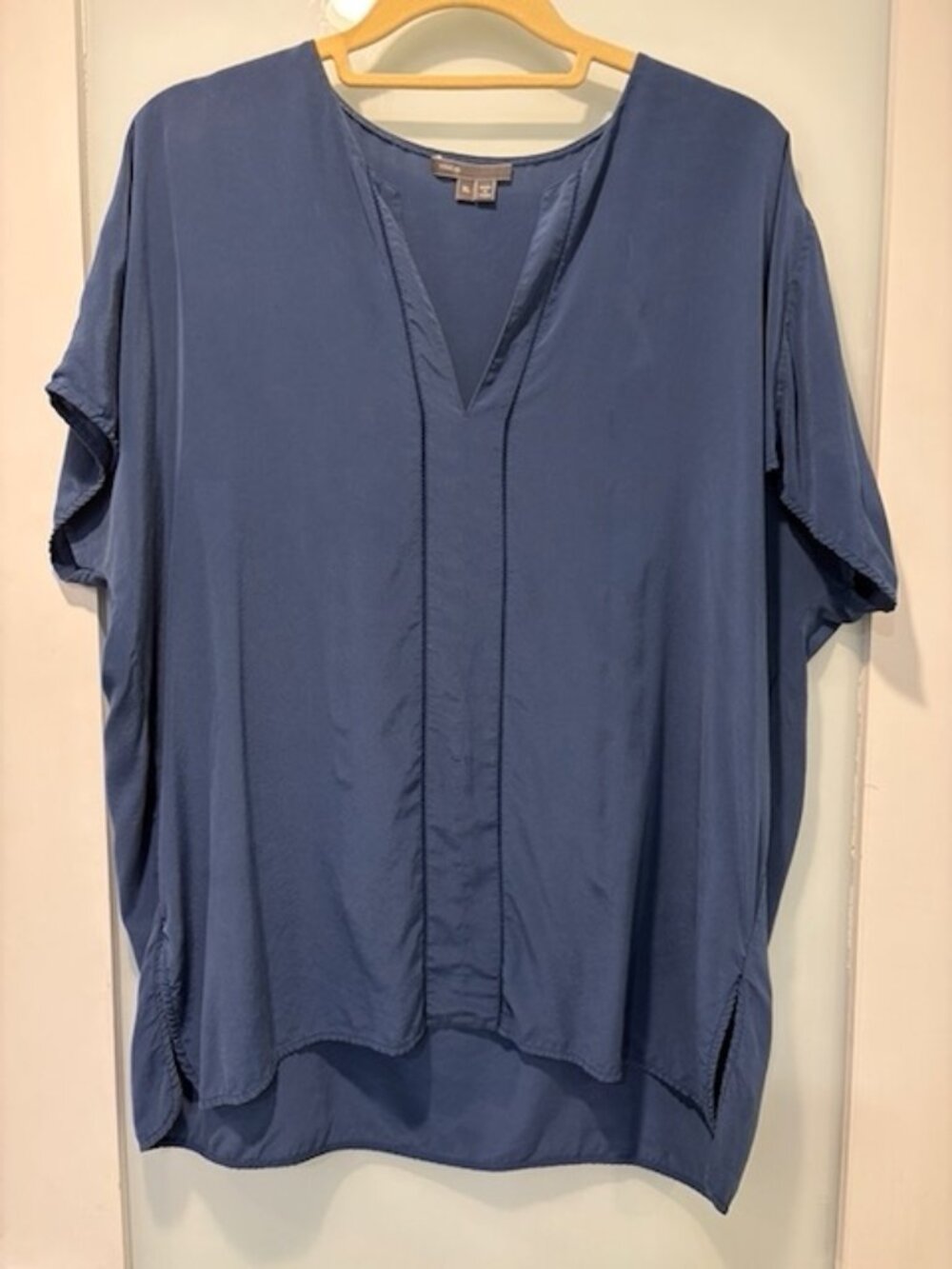 Vince XL Silk Split-Neck Dolman Blouse Blue Ladder Stitch